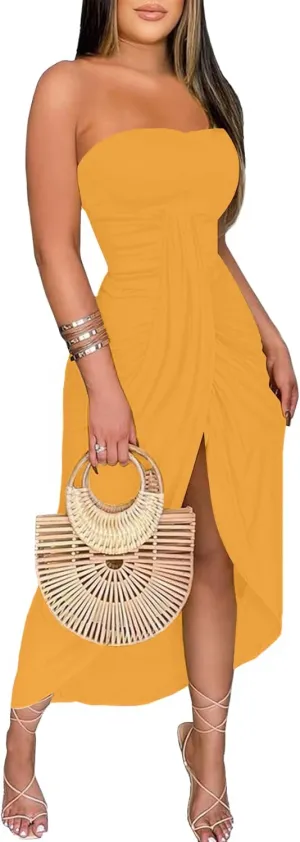 Umenlele Women's Strapless Ruched High Waist Wrap Split Asymmetrical Beach Maxi Long Dress