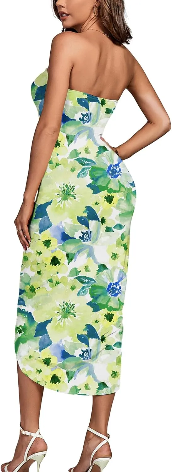 Umenlele Women's Strapless Ruched High Waist Wrap Split Asymmetrical Beach Maxi Long Dress