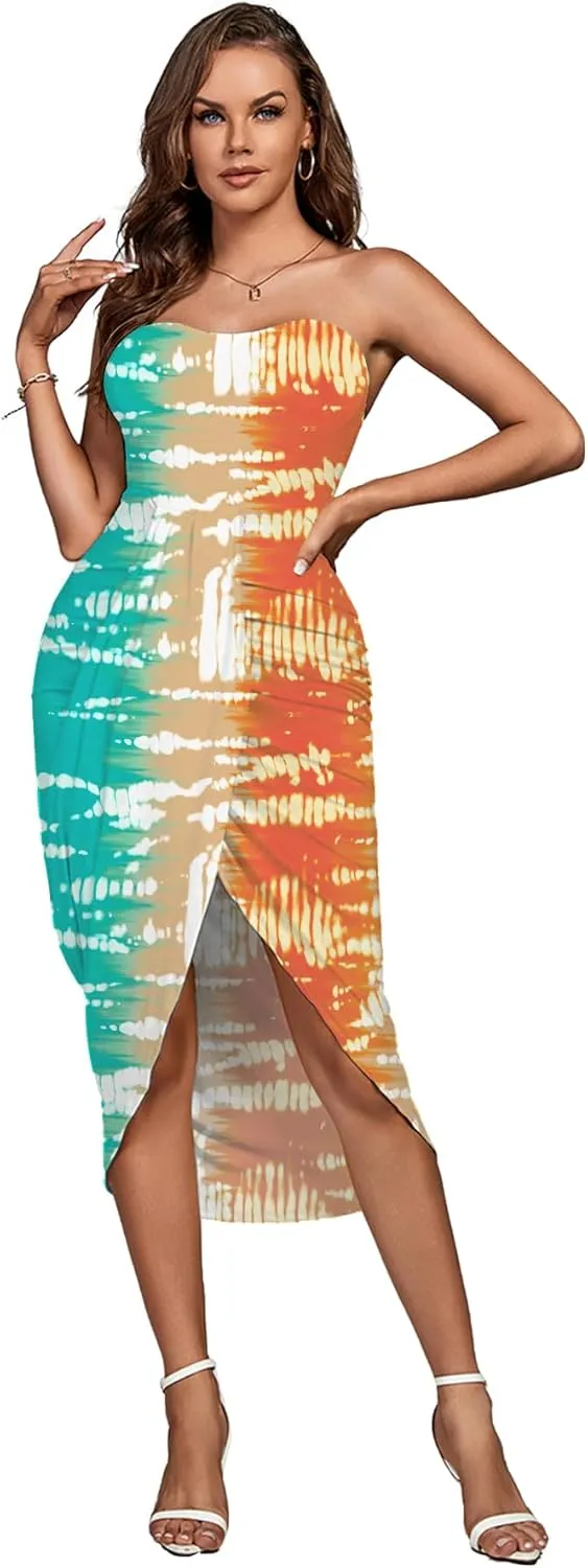Umenlele Women's Strapless Ruched High Waist Wrap Split Asymmetrical Beach Maxi Long Dress