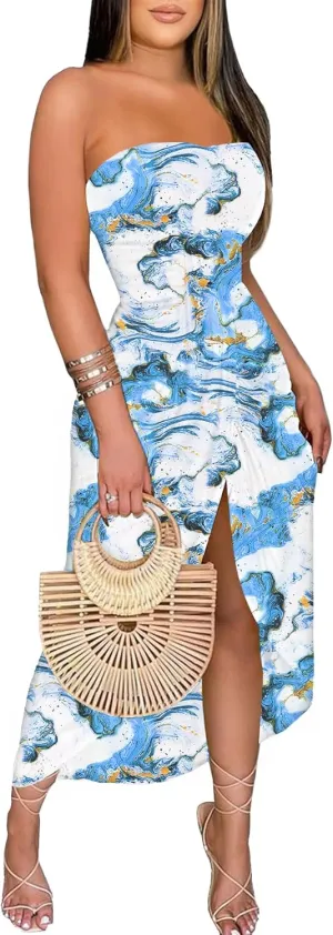 Umenlele Women's Strapless Ruched High Waist Wrap Split Asymmetrical Beach Maxi Long Dress