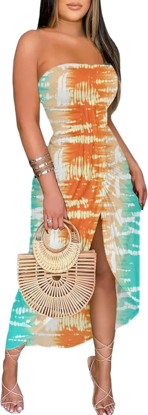 Umenlele Women's Strapless Ruched High Waist Wrap Split Asymmetrical Beach Maxi Long Dress