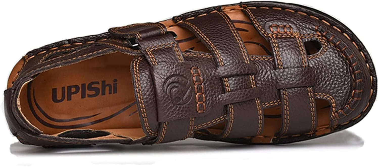 UPIShi Mens Casual Closed Toe Leather Sandals Outdoor Fisherman Adjustable Summer Shoes