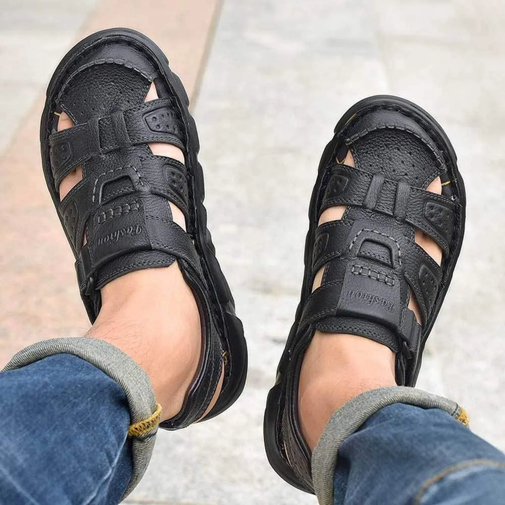 UPIShi Men's Closed Toe Leather Fisherman Adjustable Lightweight Outdoor Beach Sandals