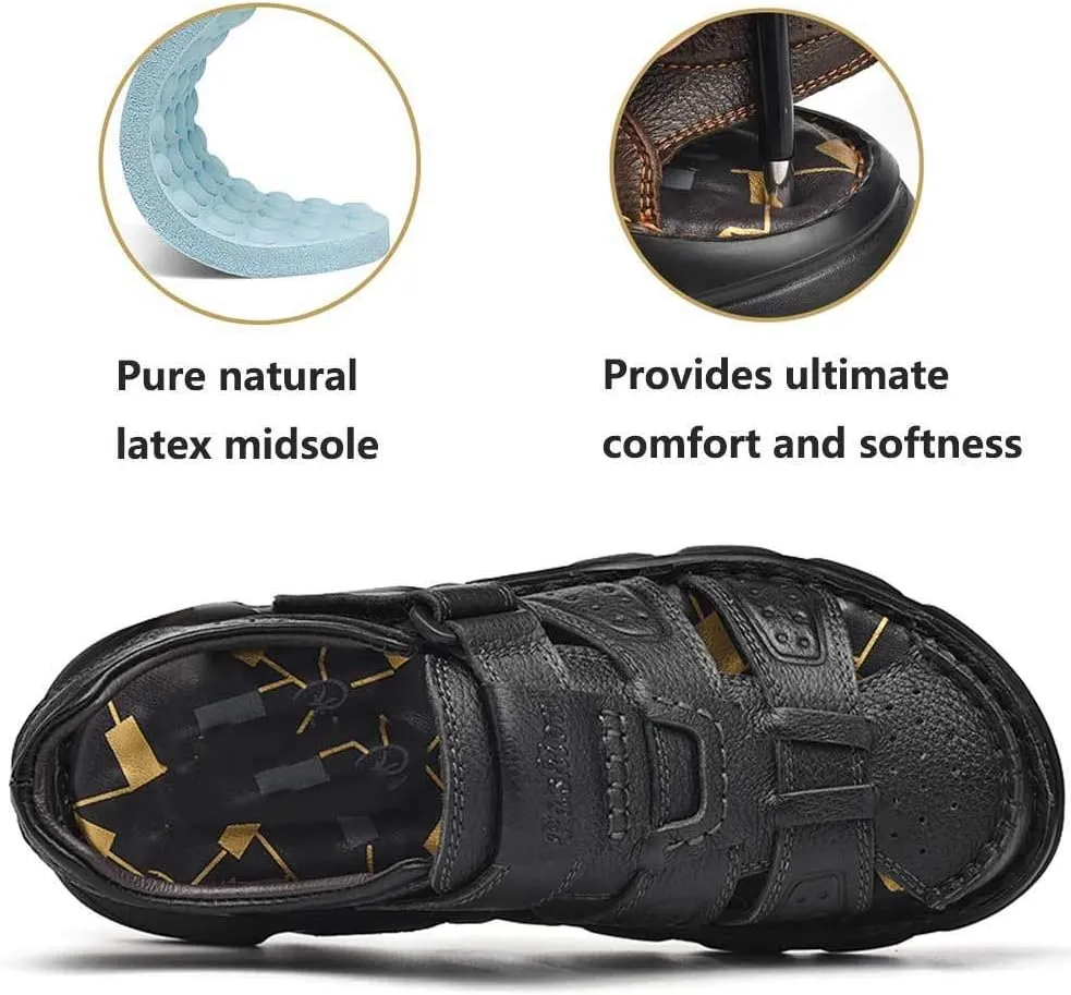 UPIShi Men's Closed Toe Leather Fisherman Adjustable Lightweight Outdoor Beach Sandals