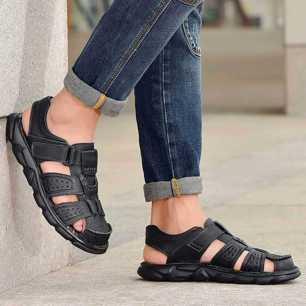 UPIShi Men's Closed Toe Leather Fisherman Adjustable Lightweight Outdoor Beach Sandals