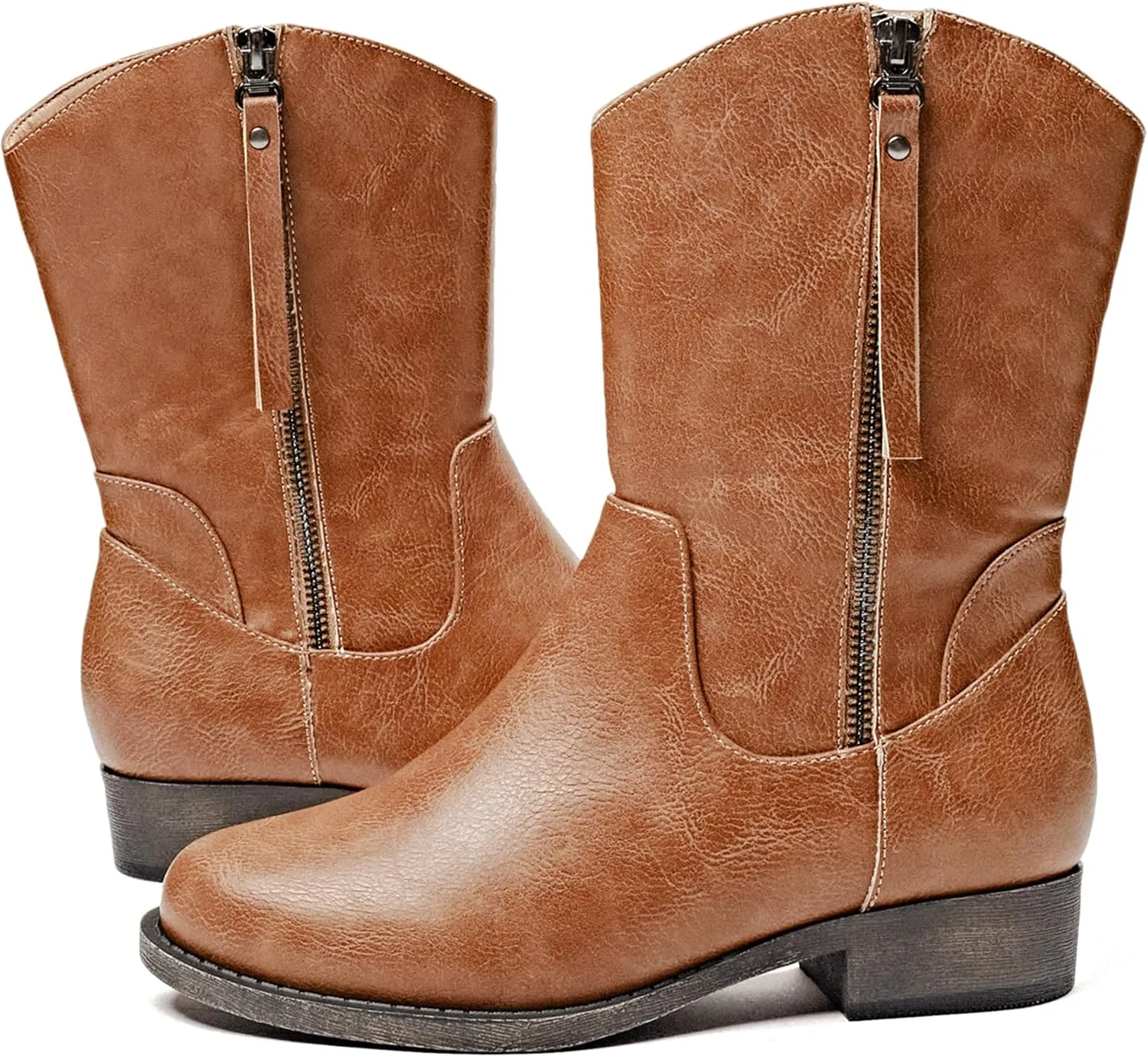 Veittes Women's Mid-Calf Cowboy Cowgirl Boots with Low Chunky Heel, Side Zipper, Motorcycle Style, Classic Round Toe,Fashion Western (Black/Dark Brown/Grey) Boots