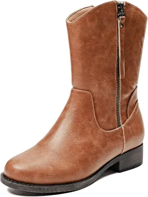 Veittes Women's Mid-Calf Cowboy Cowgirl Boots with Low Chunky Heel, Side Zipper, Motorcycle Style, Classic Round Toe,Fashion Western (Black/Dark Brown/Grey) Boots