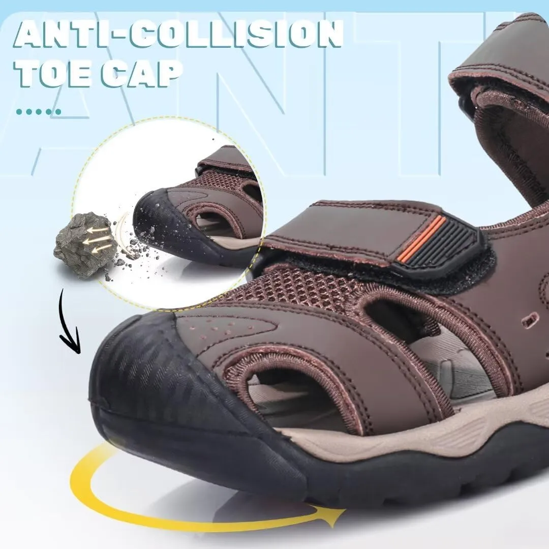 VISIONREAST Mens Leather Sandals - Outdoor Hiking & Waterproof Athletic Sports Sandals - Fisherman Beach Shoes with Closed Toe