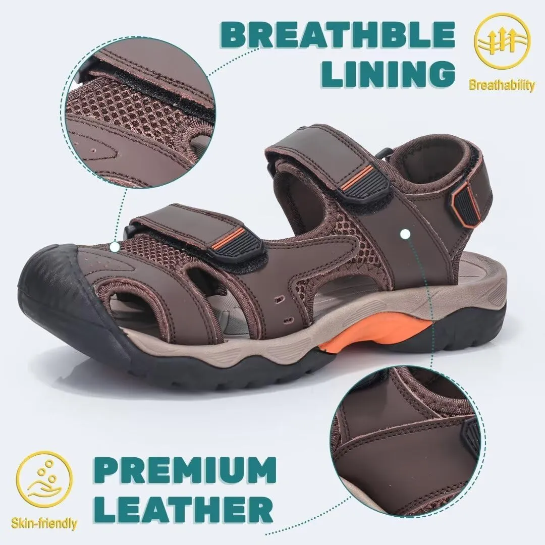 VISIONREAST Mens Leather Sandals - Outdoor Hiking & Waterproof Athletic Sports Sandals - Fisherman Beach Shoes with Closed Toe