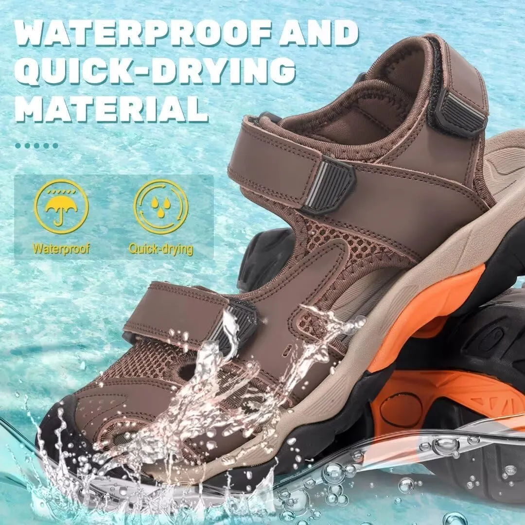 VISIONREAST Mens Leather Sandals - Outdoor Hiking & Waterproof Athletic Sports Sandals - Fisherman Beach Shoes with Closed Toe