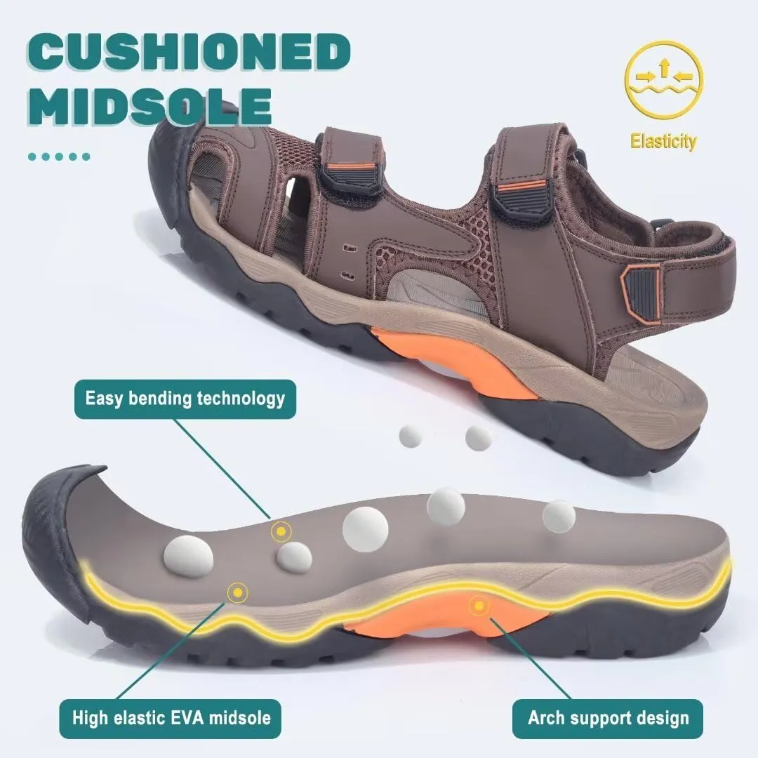 VISIONREAST Mens Leather Sandals - Outdoor Hiking & Waterproof Athletic Sports Sandals - Fisherman Beach Shoes with Closed Toe