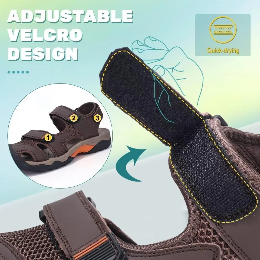 VISIONREAST Mens Leather Sandals - Outdoor Hiking & Waterproof Athletic Sports Sandals - Fisherman Beach Shoes with Closed Toe