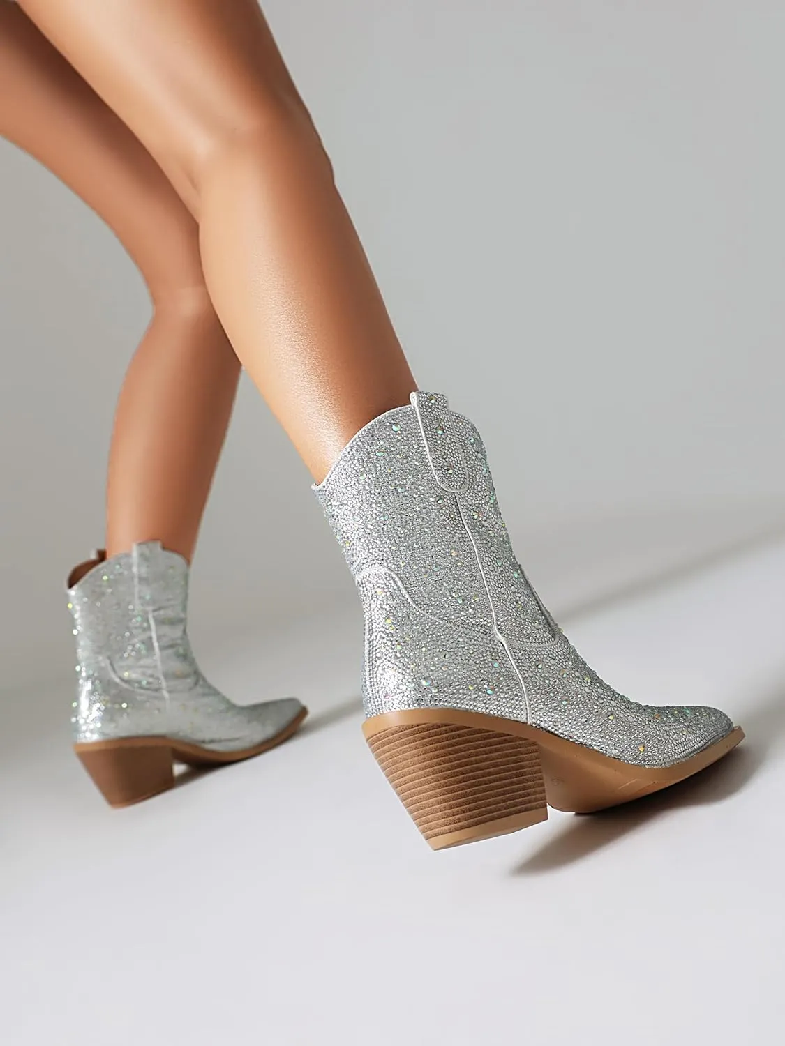 vivianly Rhinestone Cowboy Boots for Women Western Glitter Ankle Boots Cowgirl Boots, Women's Mid Calf Sparkling Diamond Boots Pointed Toe Chunky Heel Boots