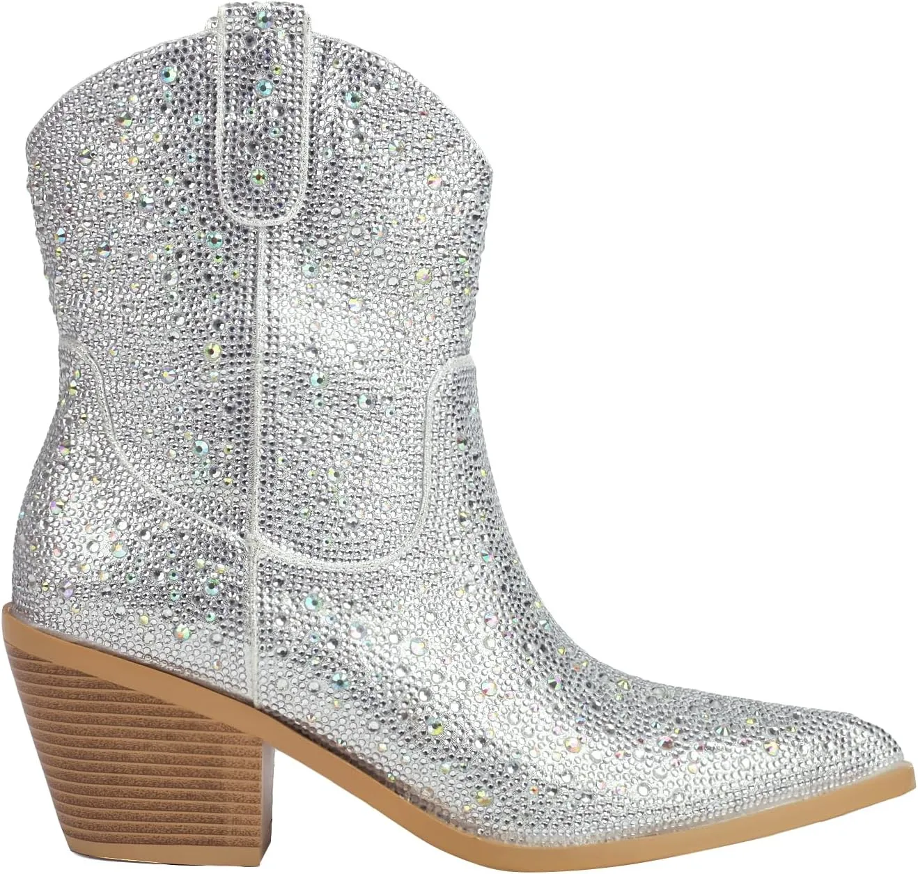 vivianly Rhinestone Cowboy Boots for Women Western Glitter Ankle Boots Cowgirl Boots, Women's Mid Calf Sparkling Diamond Boots Pointed Toe Chunky Heel Boots