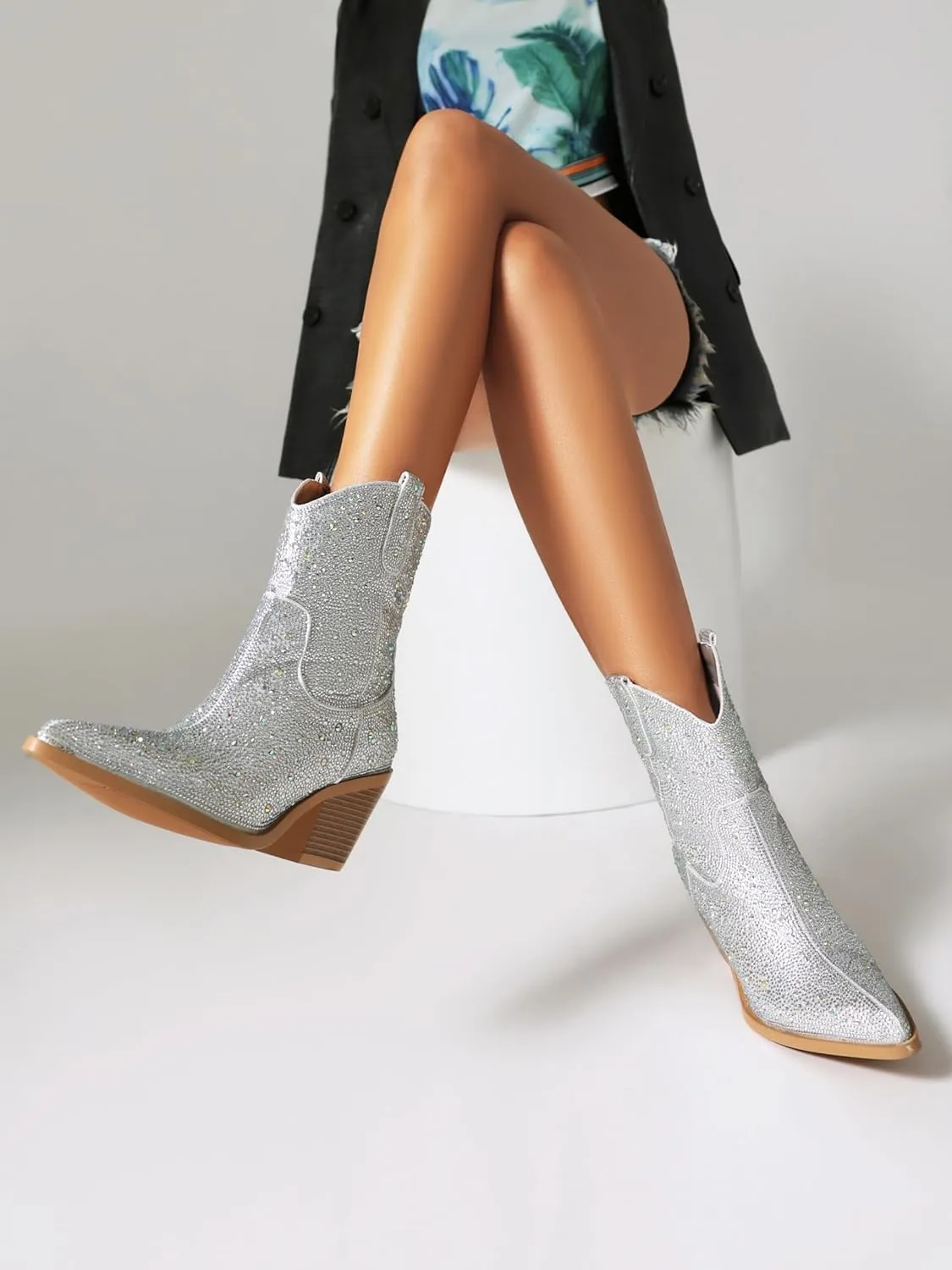 vivianly Rhinestone Cowboy Boots for Women Western Glitter Ankle Boots Cowgirl Boots, Women's Mid Calf Sparkling Diamond Boots Pointed Toe Chunky Heel Boots