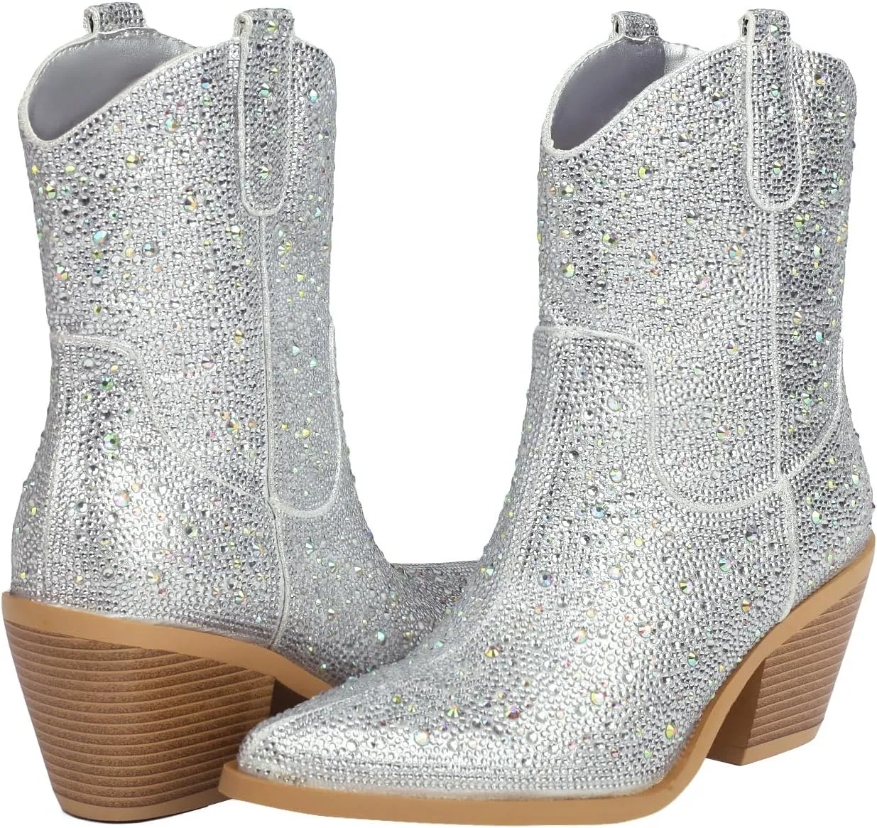 vivianly Rhinestone Cowboy Boots for Women Western Glitter Ankle Boots Cowgirl Boots, Women's Mid Calf Sparkling Diamond Boots Pointed Toe Chunky Heel Boots