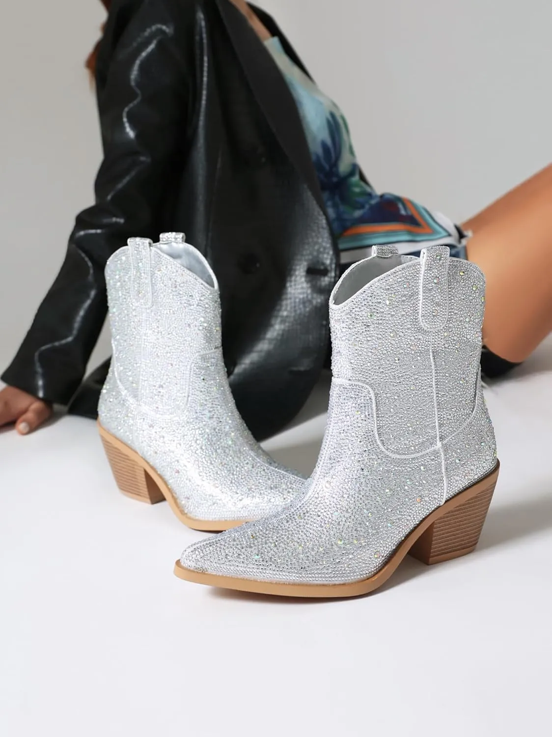 vivianly Rhinestone Cowboy Boots for Women Western Glitter Ankle Boots Cowgirl Boots, Women's Mid Calf Sparkling Diamond Boots Pointed Toe Chunky Heel Boots