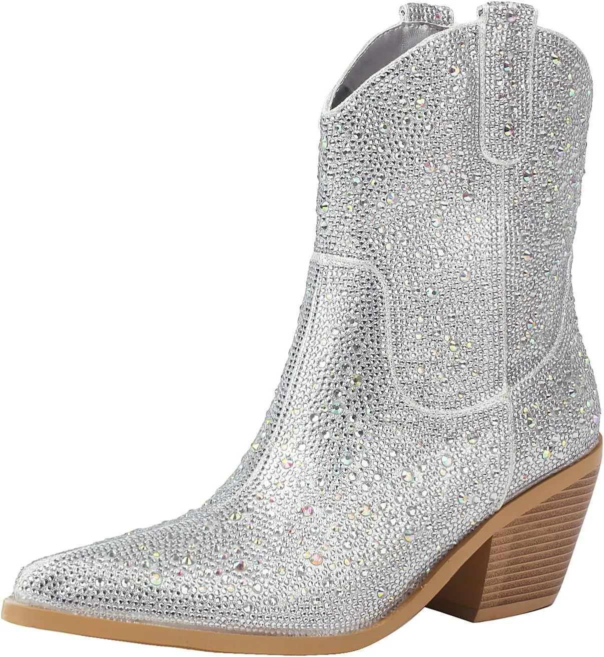vivianly Rhinestone Cowboy Boots for Women Western Glitter Ankle Boots Cowgirl Boots, Women's Mid Calf Sparkling Diamond Boots Pointed Toe Chunky Heel Boots