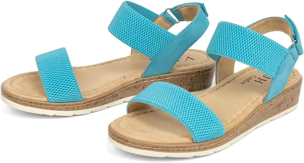 VJH confort Women’s Flat Sandals Open Toe Elastic Ankle Strap Slip on Comfy Low Wedge Sandals