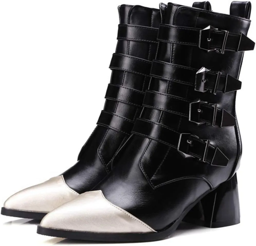 VOKLIN Women's Buckle Strappy Chelsea Ankle Boots Pointed Toe Block Heel Zip Moto Boot Western Short Booties