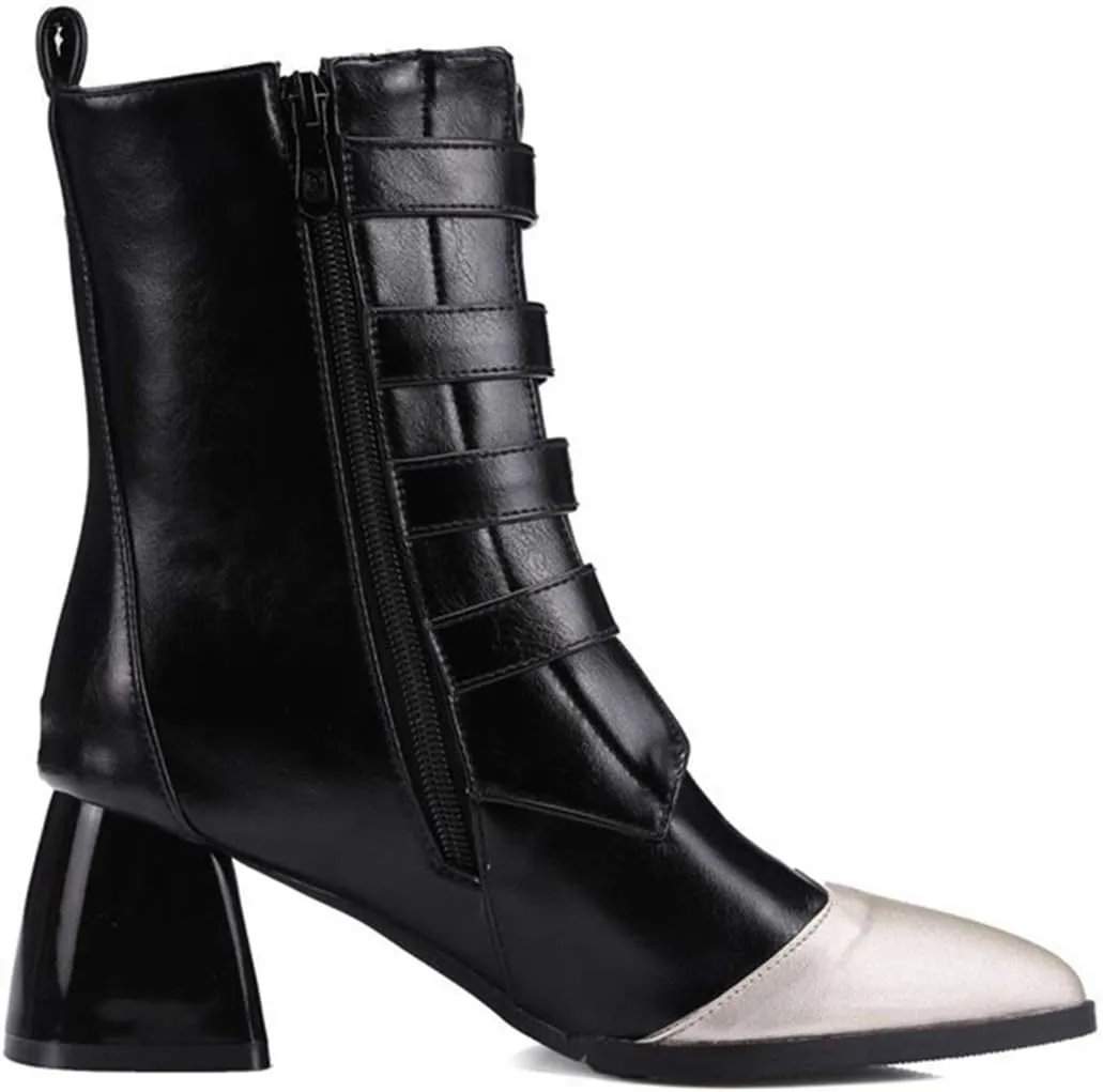 VOKLIN Women's Buckle Strappy Chelsea Ankle Boots Pointed Toe Block Heel Zip Moto Boot Western Short Booties
