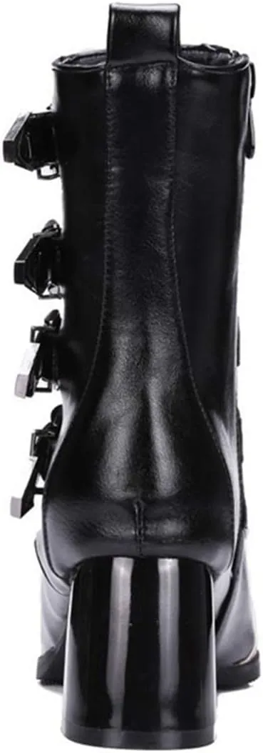 VOKLIN Women's Buckle Strappy Chelsea Ankle Boots Pointed Toe Block Heel Zip Moto Boot Western Short Booties