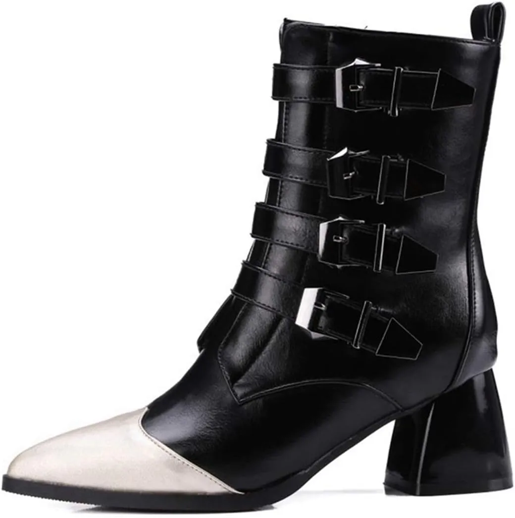 VOKLIN Women's Buckle Strappy Chelsea Ankle Boots Pointed Toe Block Heel Zip Moto Boot Western Short Booties