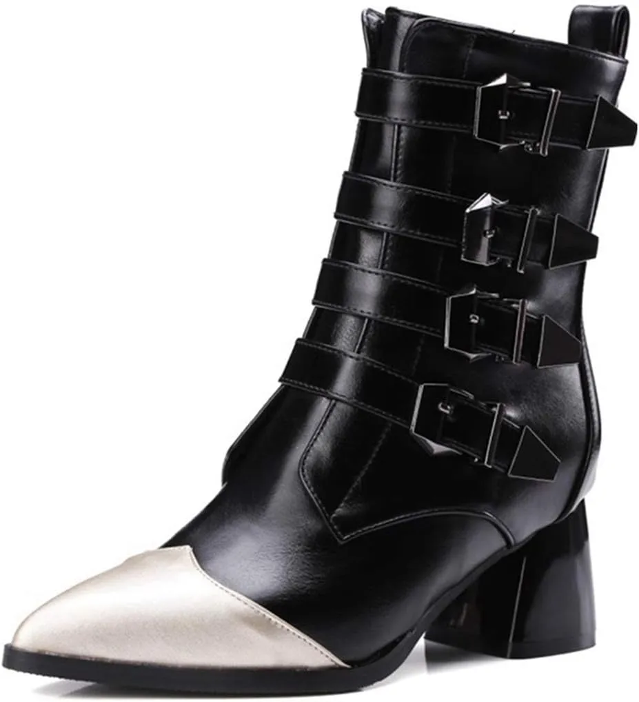 VOKLIN Women's Buckle Strappy Chelsea Ankle Boots Pointed Toe Block Heel Zip Moto Boot Western Short Booties