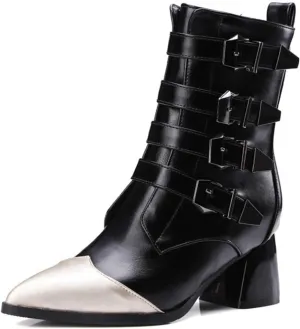 VOKLIN Women's Buckle Strappy Chelsea Ankle Boots Pointed Toe Block Heel Zip Moto Boot Western Short Booties