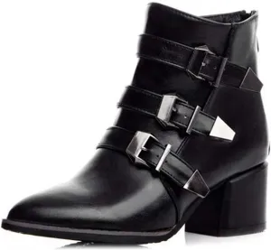 VOKLIN Women's Pointed Toe Chelsea Ankle Boots Buckle Strappy Block Heel Booties Zipper Western Short Boot