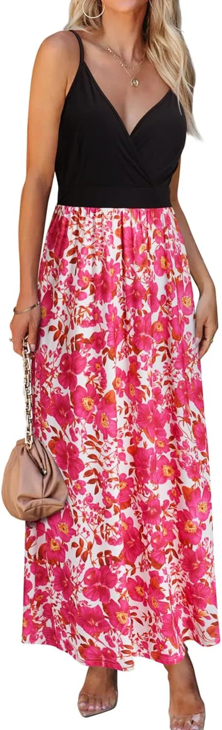 VOTEPRETTY Womens V Neck Wrap Spaghetti Strap Summer Casual Beach Floral Pockets Maxi Dress