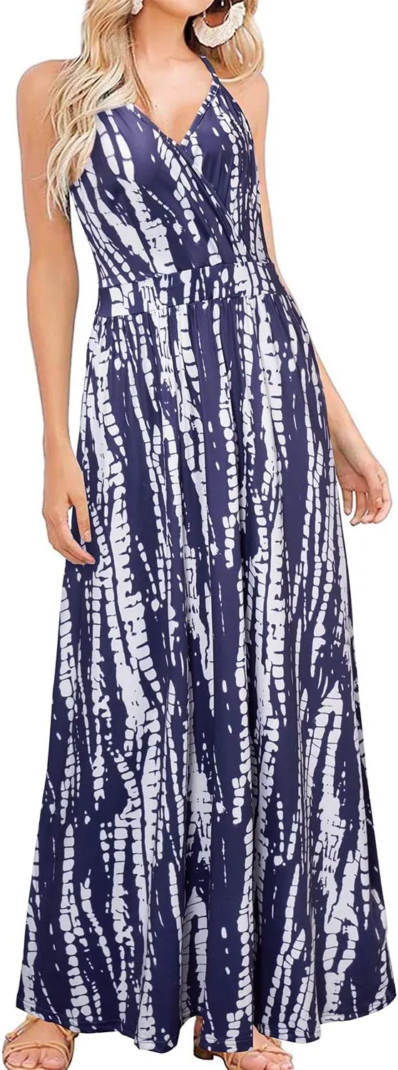 VOTEPRETTY Womens V Neck Wrap Spaghetti Strap Summer Casual Beach Floral Pockets Maxi Dress