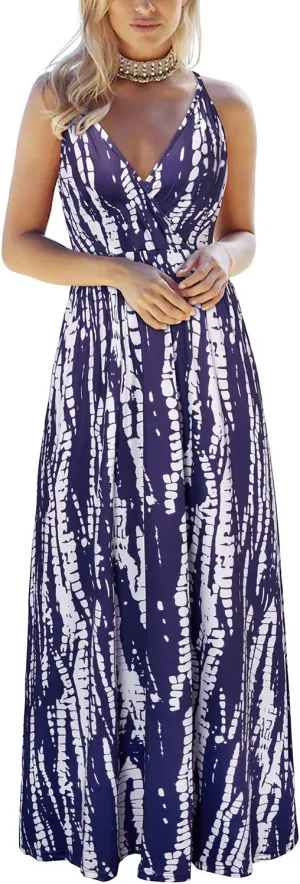 VOTEPRETTY Womens V Neck Wrap Spaghetti Strap Summer Casual Beach Floral Pockets Maxi Dress