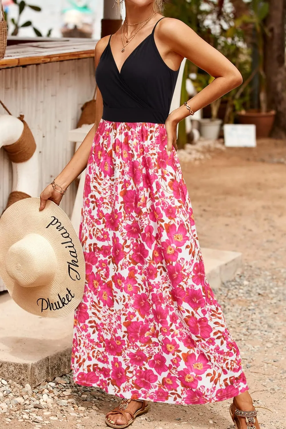 VOTEPRETTY Womens V Neck Wrap Spaghetti Strap Summer Casual Beach Floral Pockets Maxi Dress