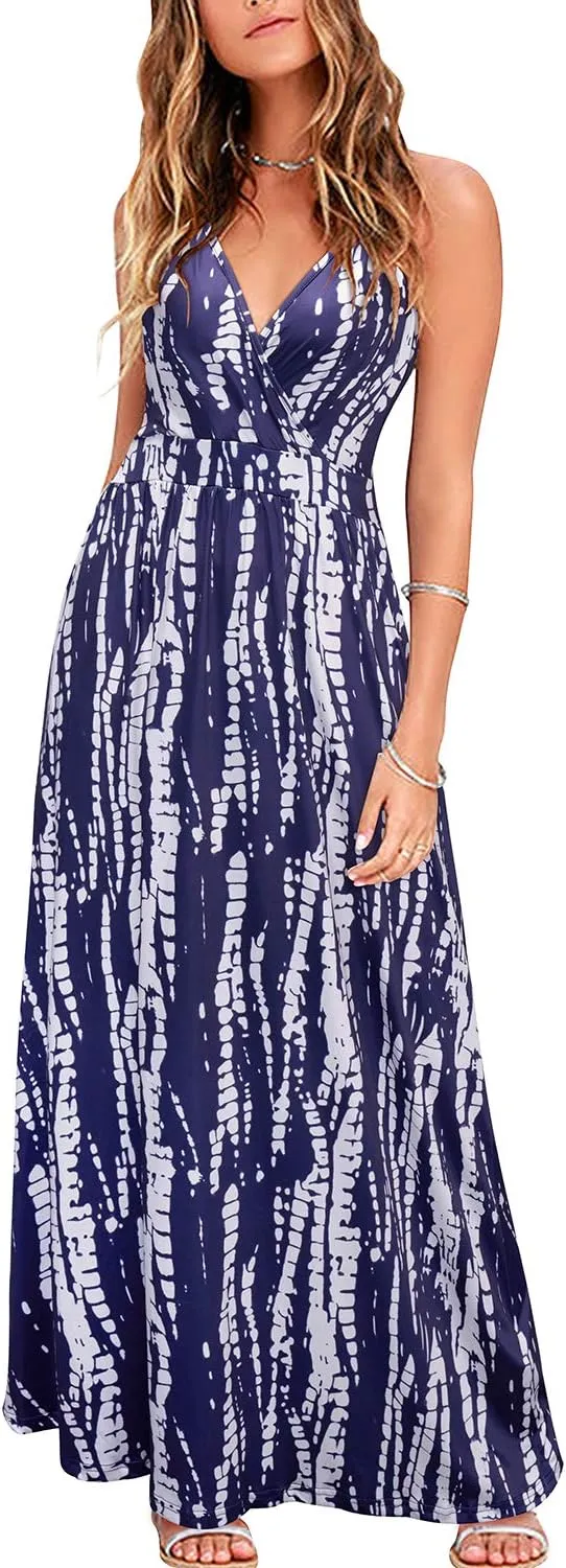 VOTEPRETTY Womens V Neck Wrap Spaghetti Strap Summer Casual Beach Floral Pockets Maxi Dress