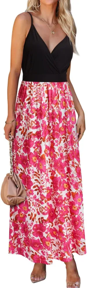 VOTEPRETTY Womens V Neck Wrap Spaghetti Strap Summer Casual Beach Floral Pockets Maxi Dress
