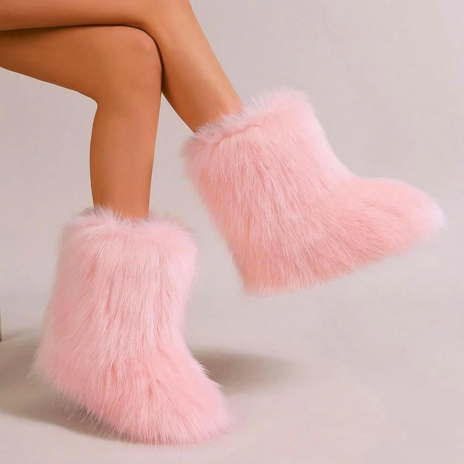 Waiirek Furry Boots for Women Fuzzy Fluffy Snow Boot Faux Fur Colorful with Round Toe Water Resistant Flat Shoes Rubber Sole for Girls Outdoor Christmas Fashion Party Gifts