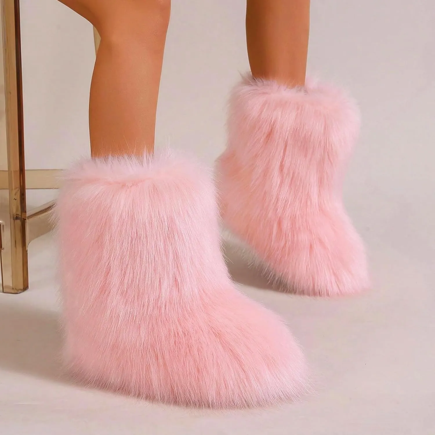 Waiirek Furry Boots for Women Fuzzy Fluffy Snow Boot Faux Fur Colorful with Round Toe Water Resistant Flat Shoes Rubber Sole for Girls Outdoor Christmas Fashion Party Gifts