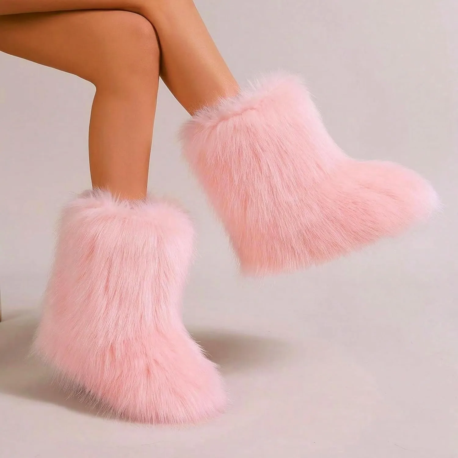 Waiirek Furry Boots for Women Fuzzy Fluffy Snow Boot Faux Fur Colorful with Round Toe Water Resistant Flat Shoes Rubber Sole for Girls Outdoor Christmas Fashion Party Gifts