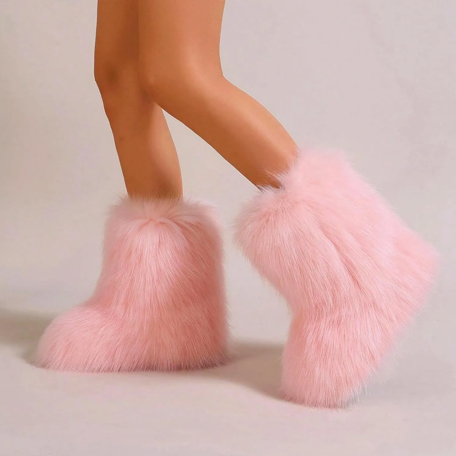 Waiirek Furry Boots for Women Fuzzy Fluffy Snow Boot Faux Fur Colorful with Round Toe Water Resistant Flat Shoes Rubber Sole for Girls Outdoor Christmas Fashion Party Gifts