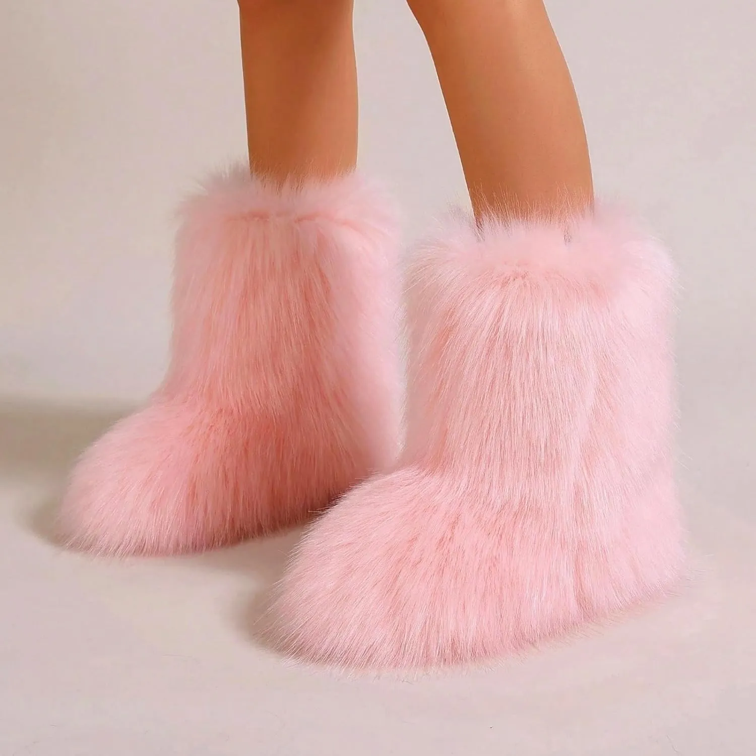 Waiirek Furry Boots for Women Fuzzy Fluffy Snow Boot Faux Fur Colorful with Round Toe Water Resistant Flat Shoes Rubber Sole for Girls Outdoor Christmas Fashion Party Gifts