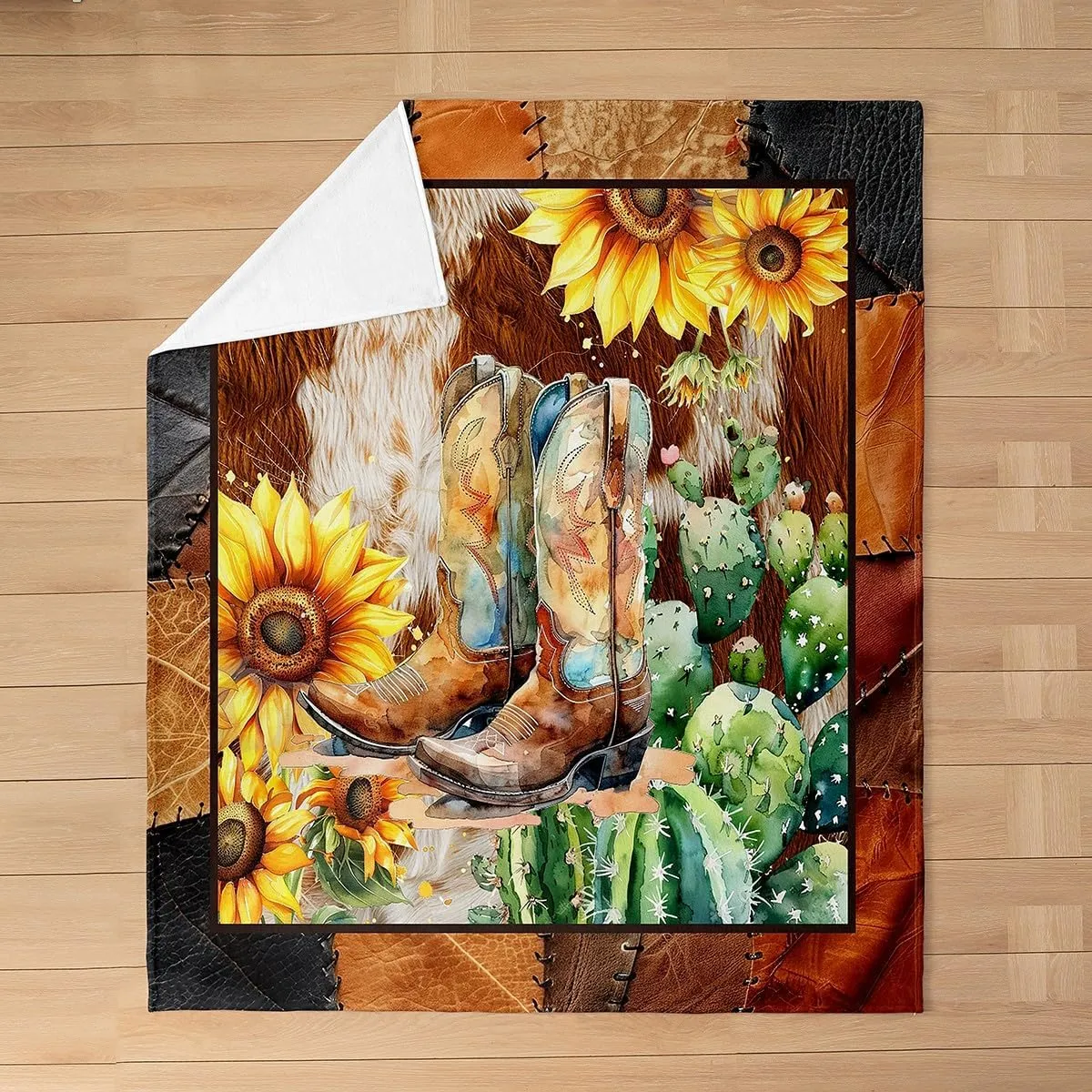 Western Cowboy Boots Flannel Blanket Queen 90"x90" Warm Lightweight,South West Watercolor Sunflowers Cactus Bed Sofa Couch Blankets for Boys Girls Women,Retro Farmhouse Cowhide Print Fuzzy Blanket