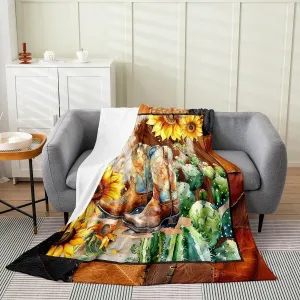 Western Cowboy Boots Flannel Blanket Queen 90"x90" Warm Lightweight,South West Watercolor Sunflowers Cactus Bed Sofa Couch Blankets for Boys Girls Women,Retro Farmhouse Cowhide Print Fuzzy Blanket