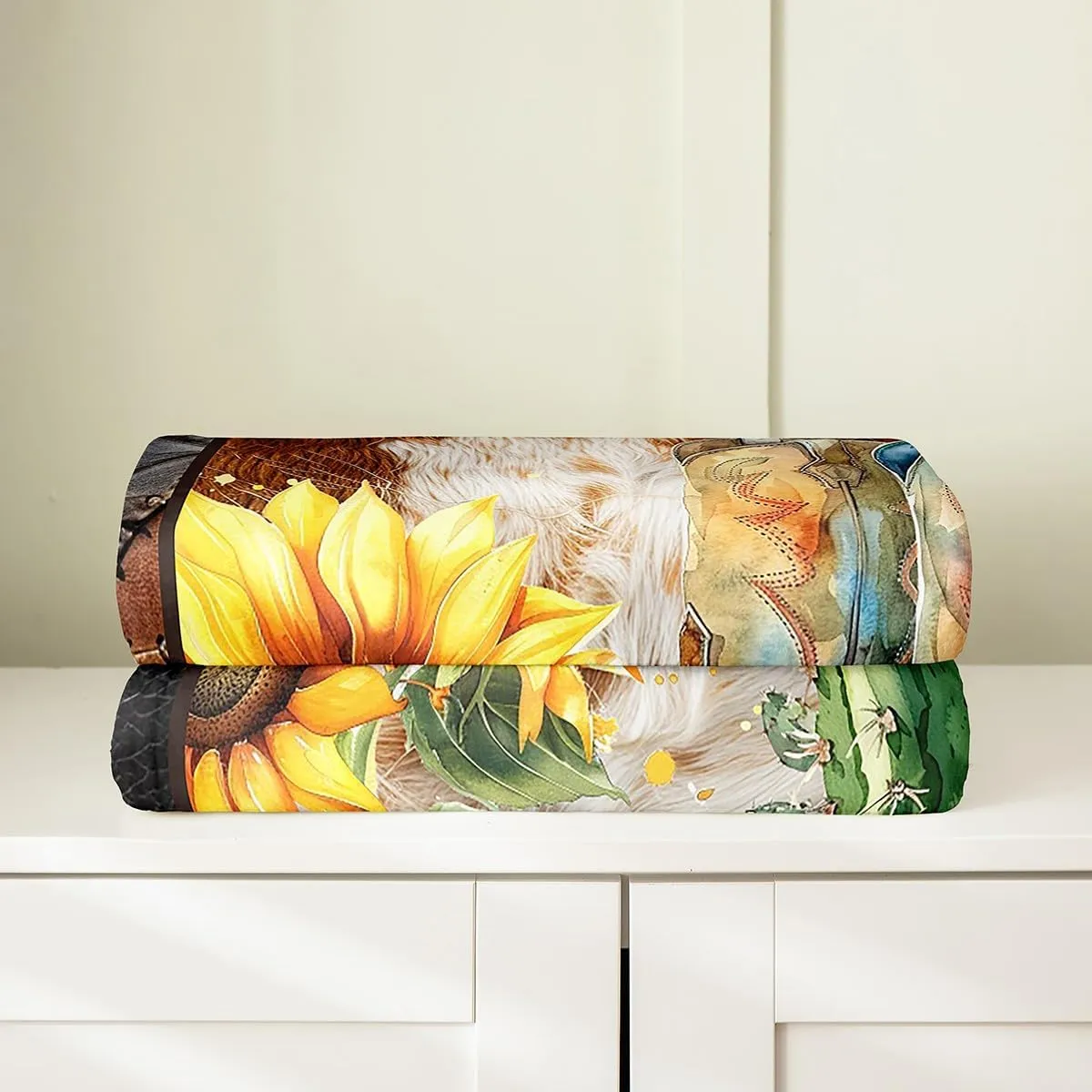Western Cowboy Boots Flannel Blanket Queen 90"x90" Warm Lightweight,South West Watercolor Sunflowers Cactus Bed Sofa Couch Blankets for Boys Girls Women,Retro Farmhouse Cowhide Print Fuzzy Blanket