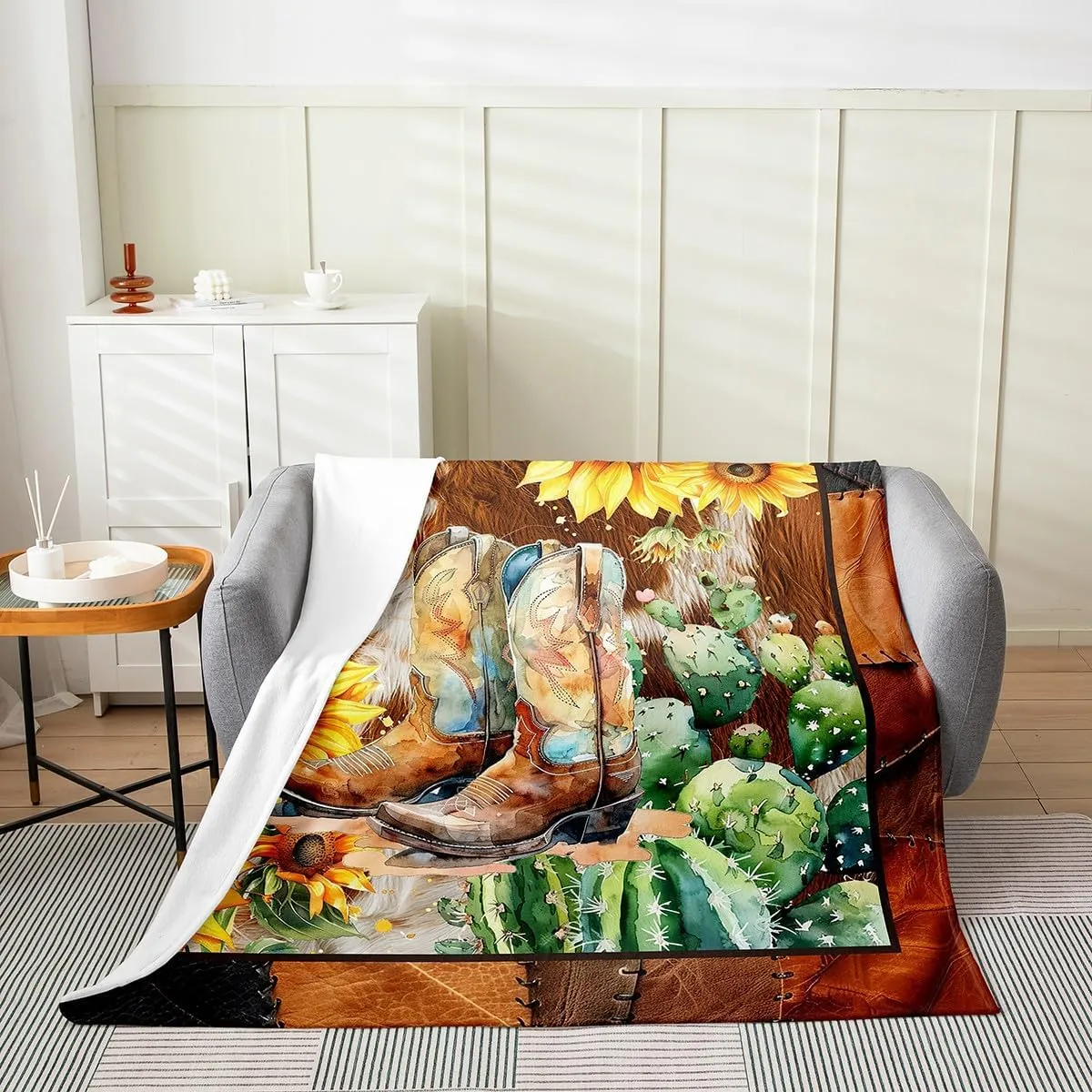 Western Cowboy Boots Flannel Blanket Queen 90"x90" Warm Lightweight,South West Watercolor Sunflowers Cactus Bed Sofa Couch Blankets for Boys Girls Women,Retro Farmhouse Cowhide Print Fuzzy Blanket