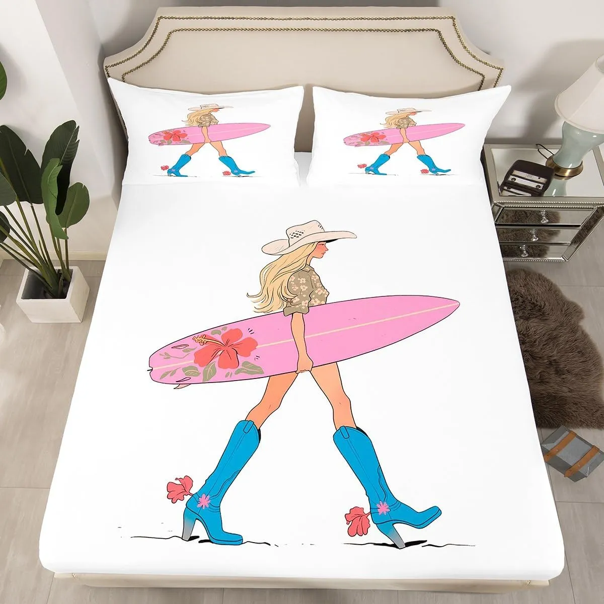 Western Cowgirl Fitted Sheet Full Size,Cowgirl Boots Surfboard Summer Beach Bedding Set,Girls Boys Room Decor,Flowers Rustic Lake House Cabin Pink Chic Bed Sheet,2 Pillowcases(No Flat)
