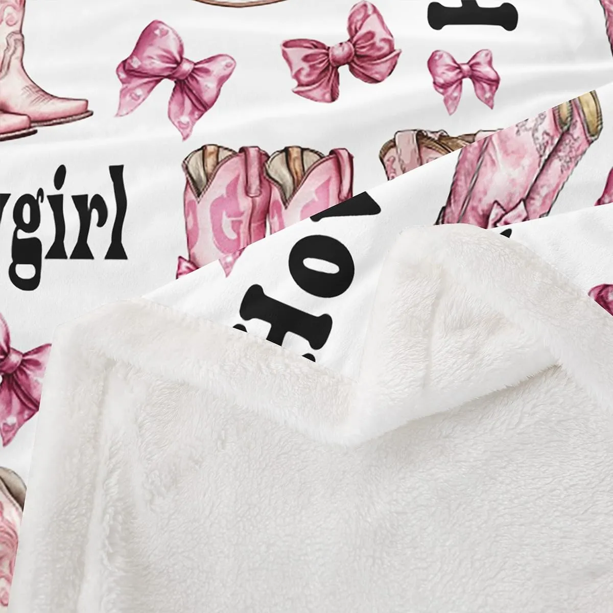 Western Cowgirl Throw Blanket,Cowgirl Cap Boots Rustic Cowhide Print Flannel Blanket for Room Decor,Princess Bowknot Cute Bow-tie Pink White Fleece Blanket,All Seasons,Queen 90"x90"