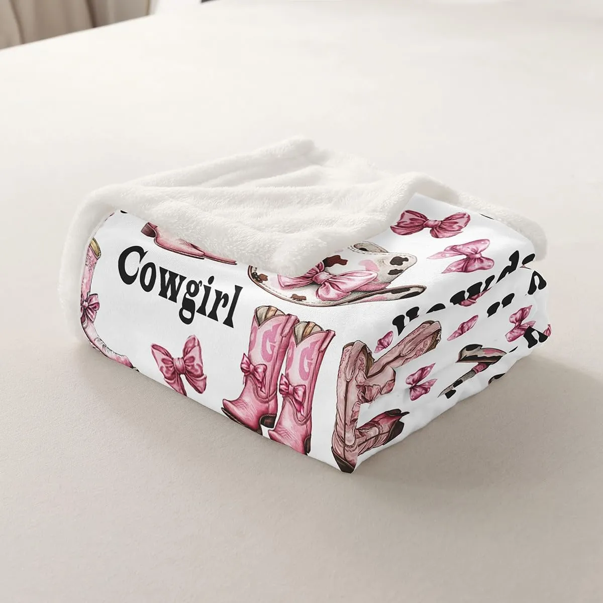 Western Cowgirl Throw Blanket,Cowgirl Cap Boots Rustic Cowhide Print Flannel Blanket for Room Decor,Princess Bowknot Cute Bow-tie Pink White Fleece Blanket,All Seasons,Queen 90"x90"