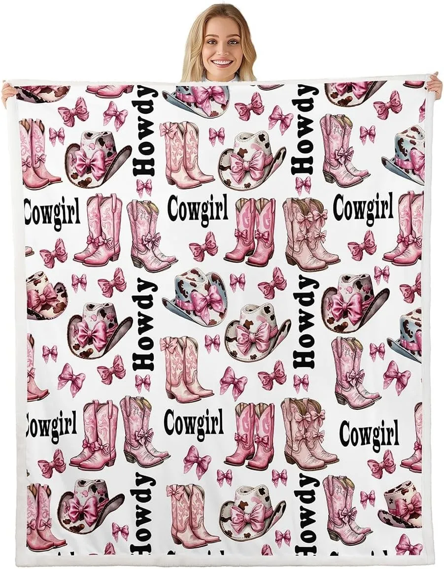 Western Cowgirl Throw Blanket,Cowgirl Cap Boots Rustic Cowhide Print Flannel Blanket for Room Decor,Princess Bowknot Cute Bow-tie Pink White Fleece Blanket,All Seasons,Queen 90"x90"