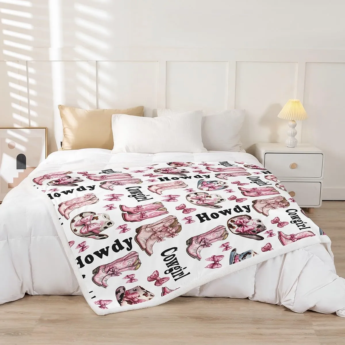 Western Cowgirl Throw Blanket,Cowgirl Cap Boots Rustic Cowhide Print Flannel Blanket for Room Decor,Princess Bowknot Cute Bow-tie Pink White Fleece Blanket,All Seasons,Queen 90"x90"